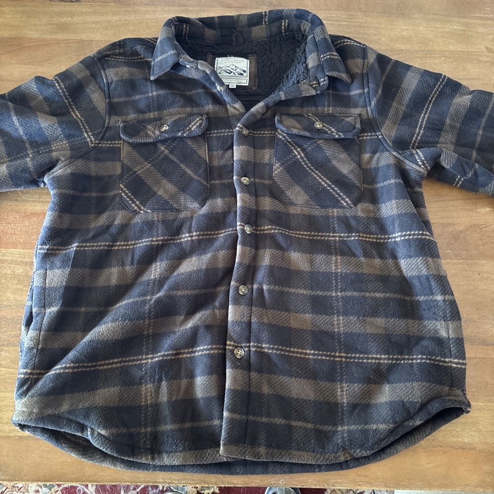 Bass Creek‎ Mens Shirt Jacket XL Black Brown Plaid Fleece Sherpa Lined Shacket